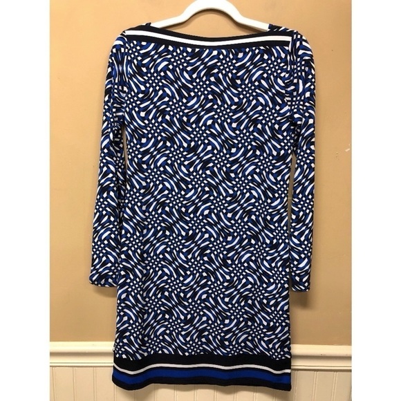 MICHAEL KORS MERCEER LONG SLEEVE BORDER PRINT SLINKY JERSEY SHIFT DRESS PETITE S - Picture 2 of 6